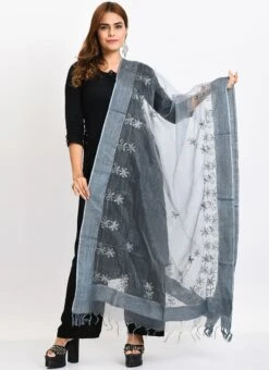 Grey Organza Cotton Chikankari Embroidery Dupatta Work Wear -ZariGrace Shop grey organza cotton chikankari embroidery dupatta dpdmimfd114 u
