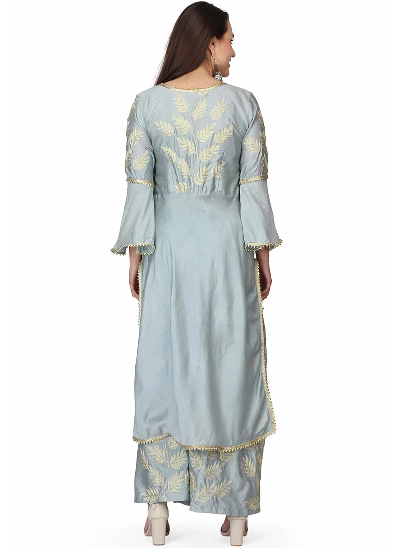 Grey Raw Silk Embroidery Kurta Palazzo Set Party Wear 6 Grey Raw Silk Embroidery Kurta Palazzo Set Party Wear - Image 4