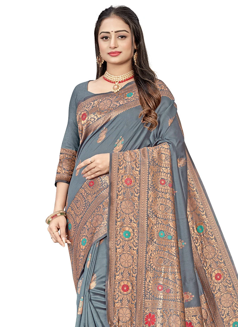 Grey Silk Zari Work Saree Festive Wear 6 Grey Silk Zari Work Saree Festive Wear - Image 4