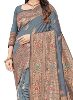 Grey Silk Zari Work Saree Festive Wear