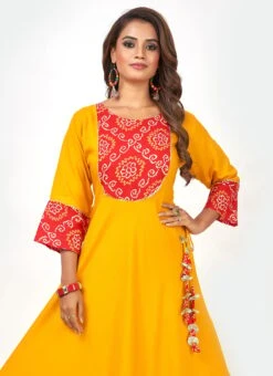Haldi Yellow Rayon Bandhini Printed Kurta Churidar Set Work Wear -ZariGrace Shop haldi yellow rayon bandhini printed kurta churidar set krsmam422 b