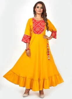 Haldi Yellow Rayon Bandhini Printed Kurta Churidar Set Work Wear -ZariGrace Shop haldi yellow rayon bandhini printed kurta churidar set krsmam422 u