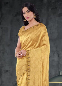 Hand Embroidered Stone Work Chiku Beige Color Jacquard Saree Party Wear -ZariGrace Shop hand embroidered stone work chiku beige color jacquard saree sadsf4958 b