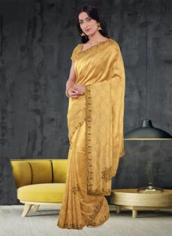 Hand Embroidered Stone Work Chiku Beige Color Jacquard Saree Party Wear -ZariGrace Shop hand embroidered stone work chiku beige color jacquard saree sadsf4958 u