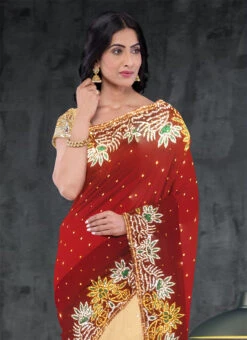Hand Embroidered Stone Work Maroon And Chiku Color Georgette Saree Party Wear -ZariGrace Shop hand embroidered stone work maroon and chiku color georgette saree sadsf4961 b