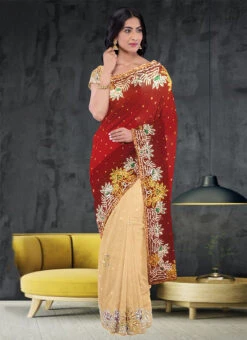 Hand Embroidered Stone Work Maroon And Chiku Color Georgette Saree Party Wear -ZariGrace Shop hand embroidered stone work maroon and chiku color georgette saree sadsf4961 u
