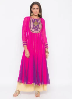 Hot Pink Georgette Embroidered Kurta Palazzo Set After Six Wear -ZariGrace Shop hot pink georgette embroidered kurta palazzo set krsmnc2093ks u