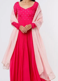 Hot Pink Pure Chinon Silk Hand Embroidery Anarkali Suit Party Wear