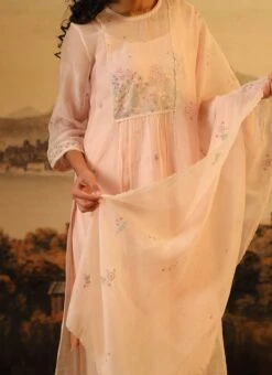 Ivory Pink Chanderi Silk Embroidered Dupatta Party Wear