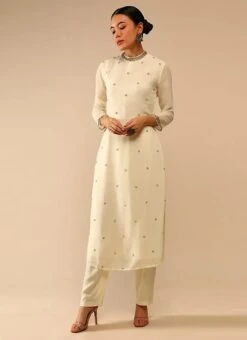 Ivory Pure Georgette Embroidered Kurta Straight Pant Set Party Wear -ZariGrace Shop ivory pure georgette embroidered kurta straight pant set krsdvcsvks55 u