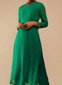Jade Green Pure Georgette Embroidered Kurta Straight Pant Set Party Wear