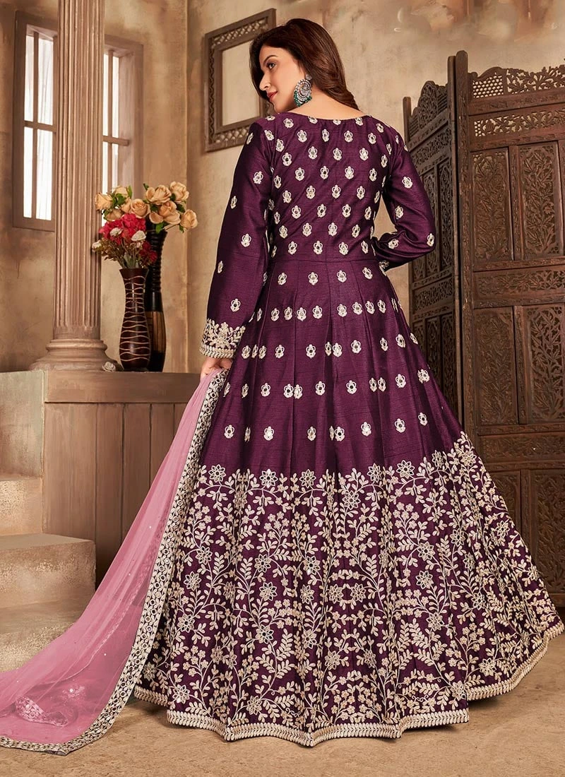 Jam Purple Soft Art Silk Mirror Embroidery Anarkali Suit Party Wear 6 Jam Purple Soft Art Silk Mirror Embroidery Anarkali Suit Party Wear - Image 4