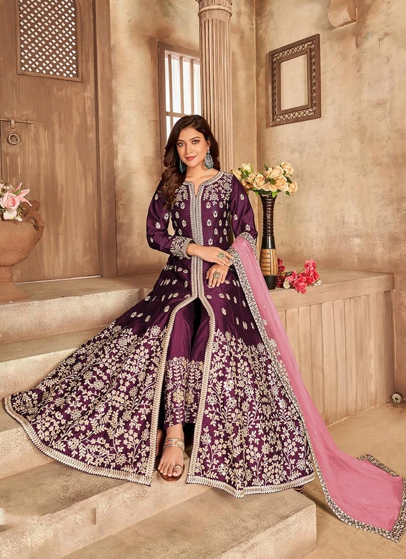 Jam Purple Soft Art Silk Mirror Embroidery Anarkali Suit Party Wear 5 Jam Purple Soft Art Silk Mirror Embroidery Anarkali Suit Party Wear - Image 3