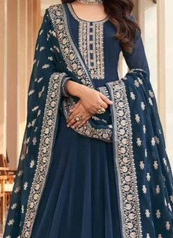 Jasmin Bhasin Teal Blue Georgette Embroidery Floor Anarkali Suit Party Wear