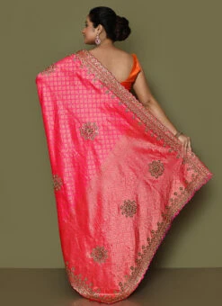 Kanjivaram Silk Pink And Orange Color Hand Work Saree Festive Wear -ZariGrace Shop kanjivaram silk pink and orange color hand work saree sadsf4893 b
