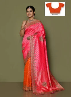 Kanjivaram Silk Pink And Orange Color Hand Work Saree Festive Wear -ZariGrace Shop kanjivaram silk pink and orange color hand work saree sadsf4893 u