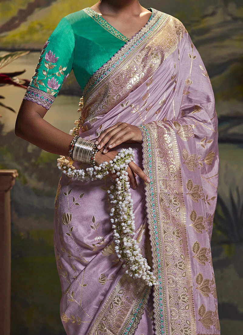 Lavender Benarasi Silk Zari Work Saree Wedding Wear 3 Lavender Benarasi Silk Zari Work Saree Wedding Wear