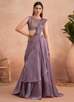 Lavender Chinon Silk Embroidered Ready Pleated Saree Party Wear -ZariGrace Shop lavender chinon silk embroidered ready pleated saree saska36337311d u