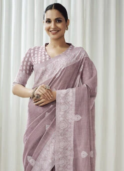 Lavender Color Weaving Work Linen Saree Festive Wear 9 Lavender Color Weaving Work Linen Saree Festive Wear -ZariGrace Shop lavender color weaving work linen saree samam1755 b