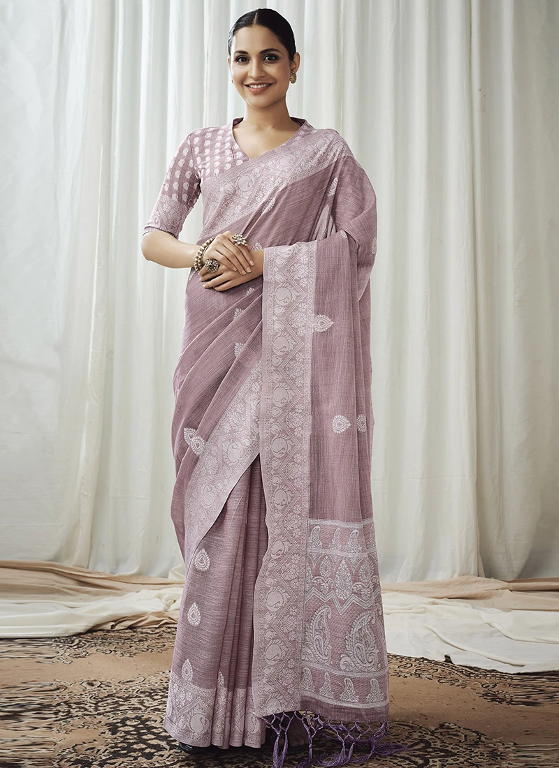 Lavender Color Weaving Work Linen Saree Festive Wear 5 Lavender Color Weaving Work Linen Saree Festive Wear - Image 3