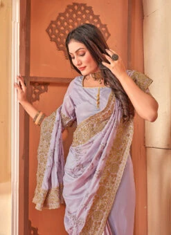 Lavender Faux Crepe Embroidered Saree Party Wear -ZariGrace Shop lavender faux crepe embroidered saree sasnf7261 b