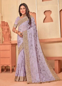 Lavender Faux Crepe Embroidered Saree Party Wear -ZariGrace Shop lavender faux crepe embroidered saree sasnf7261 u
