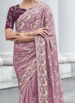 Lavender Georgette Embroidery Saree Party Wear