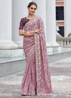 Lavender Georgette Embroidery Saree Party Wear -ZariGrace Shop lavender georgette embroidery saree sassd30103 u