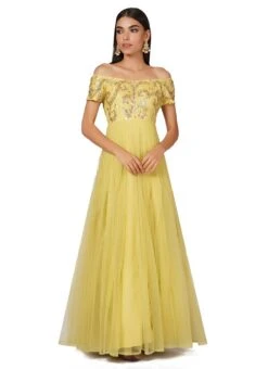 Lemon Yellow Net Embroidered Anarkali Suit Party Wear -ZariGrace Shop lemon yellow net embroidered anarkali suit sldvc126 u