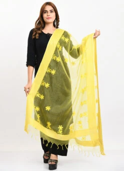 Lemon Yellow Organza Cotton Chikankari Embroidery Dupatta Work Wear -ZariGrace Shop lemon yellow organza cotton chikankari embroidery dupatta dpdmimfd113 u