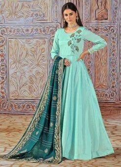 Light Blue Art Silk Embroidered Anarkali Suit Party Wear -ZariGrace Shop light blue art silk embroidered anarkali suit slsdc3003 u