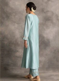 Light Blue Chanderi Silk Embroidered Straight Pant Suit Party Wear -ZariGrace Shop light blue chanderi silk embroidered straight pant suit krdvc22 b