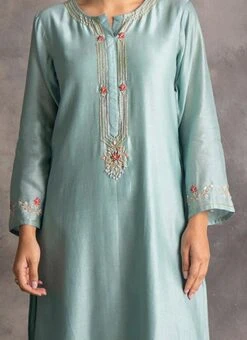 Light Blue Chanderi Silk Embroidered Straight Pant Suit Party Wear