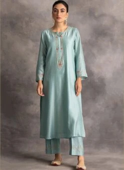 Light Blue Chanderi Silk Embroidered Straight Pant Suit Party Wear -ZariGrace Shop light blue chanderi silk embroidered straight pant suit krdvc22 u