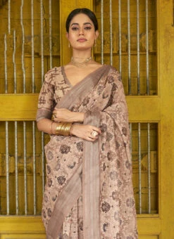 Light Brown Linen Printed Work Saree Festive Wear -ZariGrace Shop light brown linen printed work saree samknss4017 b