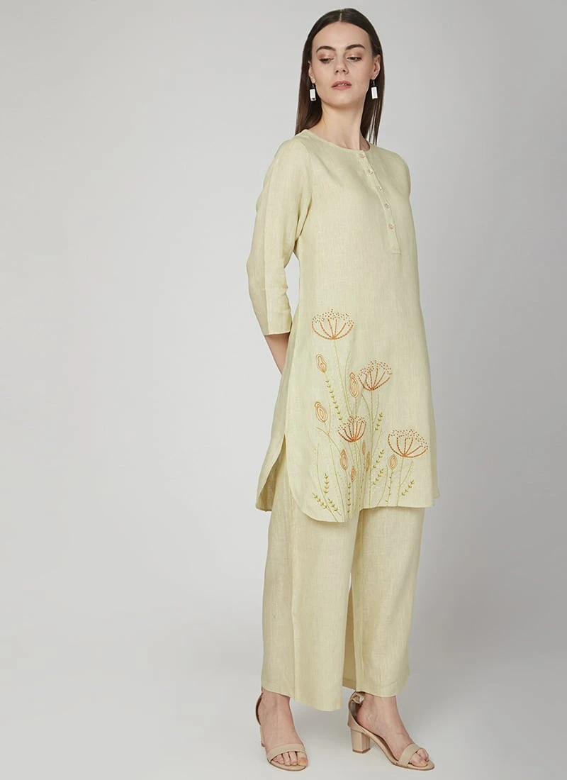 Light Cream Linen Kurta Palazzo Set Work Wear 5 Light Cream Linen Kurta Palazzo Set Work Wear - Image 3