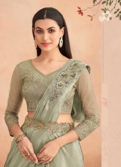 Light Green Chinon Silk Embroidered Ready Pleated Saree Party Wear -ZariGrace Shop light green chinon silk embroidered ready pleated saree saska36367304c b