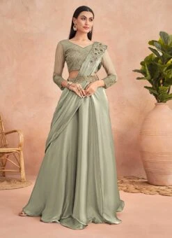 Light Green Chinon Silk Embroidered Ready Pleated Saree Party Wear -ZariGrace Shop light green chinon silk embroidered ready pleated saree saska36367304c u