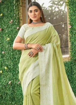 Light Green Linen Zari Work Border Saree Party Wear -ZariGrace Shop light green linen zari work border saree sassgava1005 b
