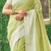 Light Green Linen Zari Work Border Saree Party Wear -ZariGrace Shop light green linen zari work border saree sassgava1005 l