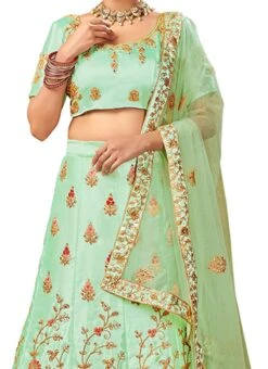 Light Green Satin Silk Machine Embroidered A Line Lehenga Party Wear