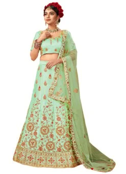 Light Green Satin Silk Machine Embroidered A Line Lehenga Party Wear -ZariGrace Shop light green satin silk machine embroidered a line lehenga ghssitmnmhy1002 u