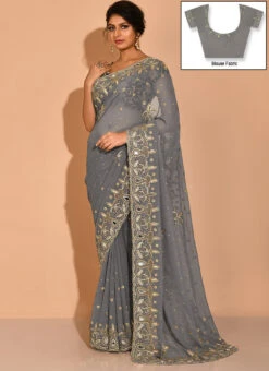 Light Grey Georgette Hand Work Saree Festive Wear -ZariGrace Shop light grey georgette hand work saree sadsf4628 u