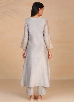 Light Grey Pure Chanderi Silk Embroidered Kurta Semi Palazzo Set Party Wear -ZariGrace Shop light grey pure chanderi silk embroidered kurta semi palazzo set krsdvcsvks39 b