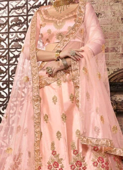Light Peach Art Silk Embroidered A Line Lehenga Wedding Wear