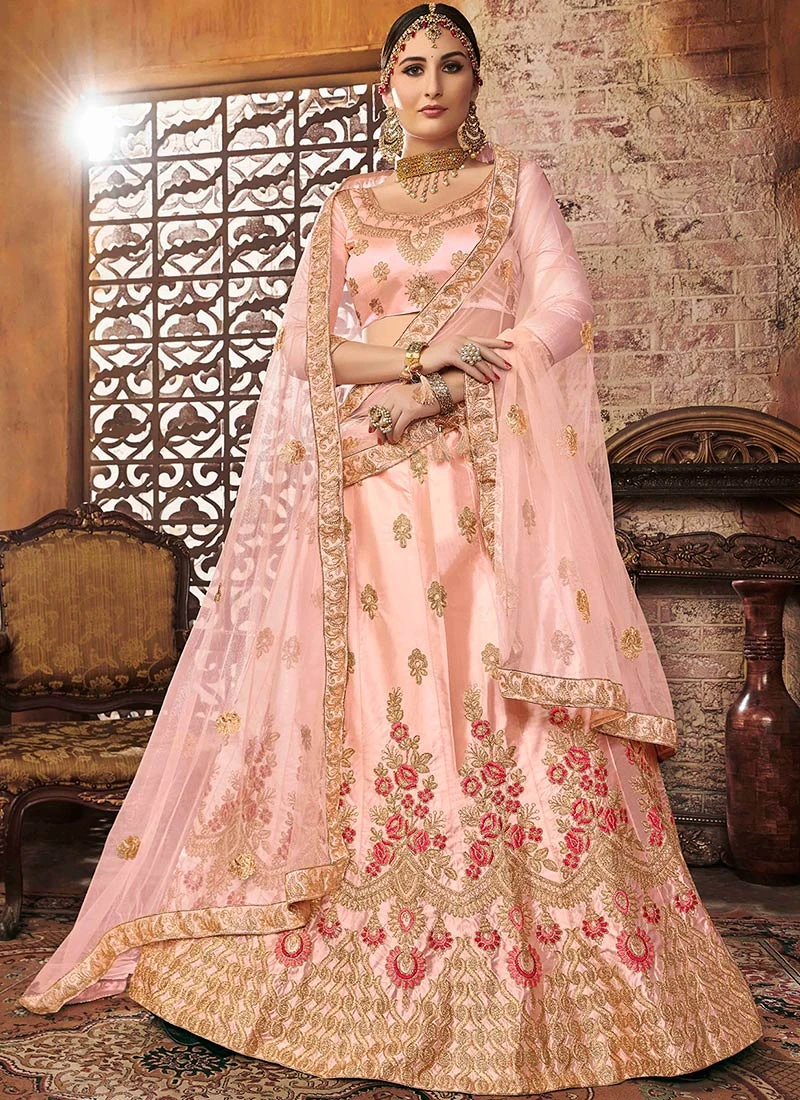 Light Peach Art Silk Embroidered A Line Lehenga Wedding Wear 5 Light Peach Art Silk Embroidered A Line Lehenga Wedding Wear - Image 3