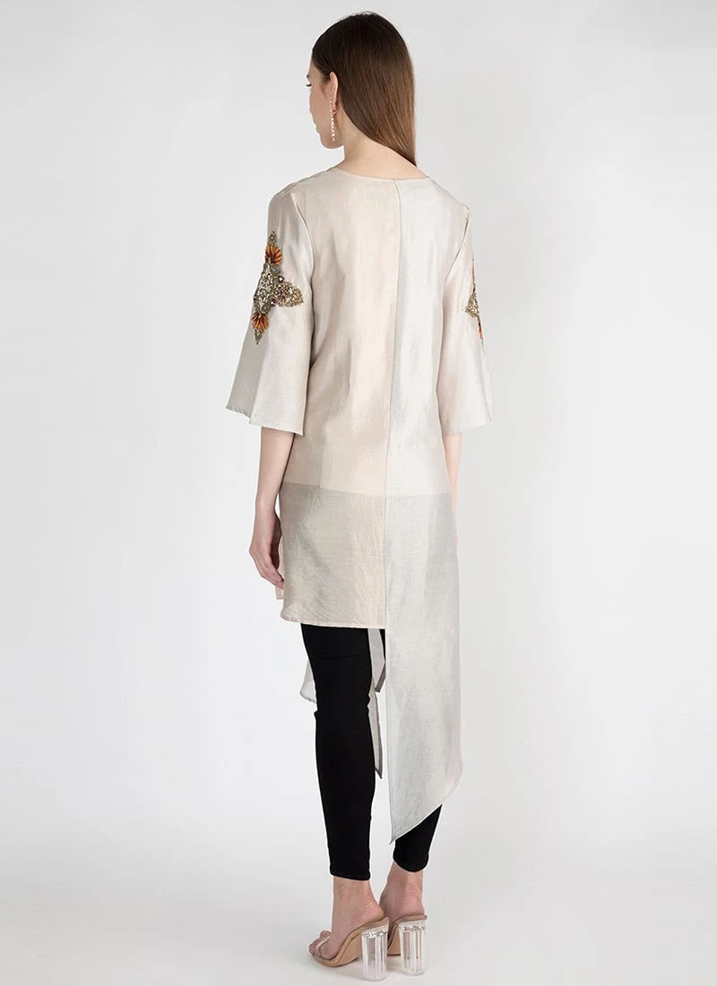 Light Peach Silk Kurta Straight Pant Set Work Wear 6 Light Peach Silk Kurta Straight Pant Set Work Wear - Image 4