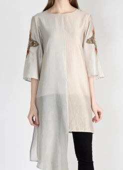 Light Peach Silk Kurta Straight Pant Set Work Wear