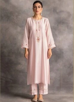 Light Pink Chanderi Silk Embroidered Straight Pant Suit Party Wear -ZariGrace Shop light pink chanderi silk embroidered straight pant suit krdvc19 u