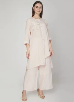 Light Pink Linen Kurta Palazzo Set Work Wear -ZariGrace Shop light pink linen kurta palazzo set krsdvcsvts05 u